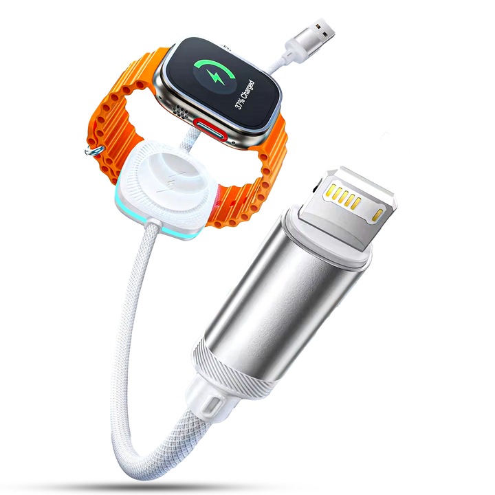 2 в 1 кабел за зареждане, Timebox, бързо зареждане, 1,2 м, USB към Lightning, безжично зарядно устройство, съвместим с iPhone, Apple Watch, Airpods, бял