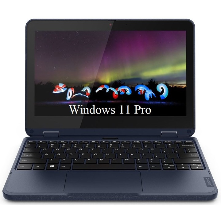 Лаптоп 2 в 1 Lenovo 300w Gen 3 (AMD), 11.6" IPS Touchscreen, AMD 3015e, 4GB DDR4, 64GB eMMC, AMD Radeon Graphics, Windows 11 Pro, Abyss Blue