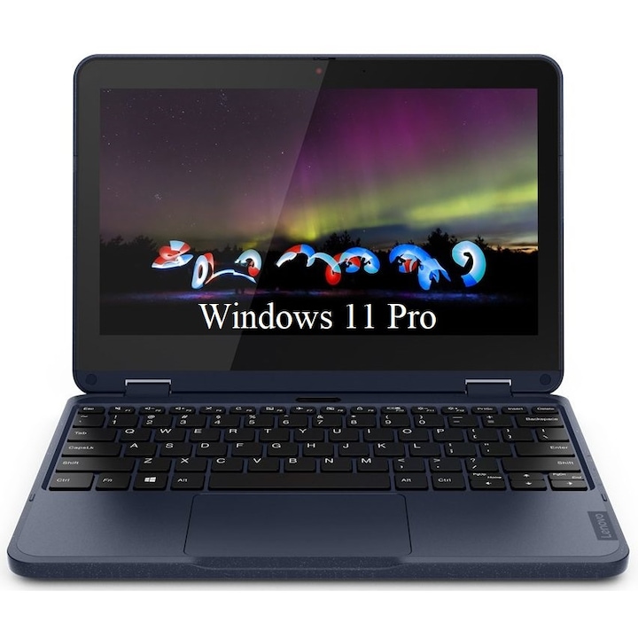 Лаптоп 2 в 1 Lenovo 300w Gen 3 (AMD), 11.6" IPS Touchscreen, AMD 3015e, 4GB DDR4, 64GB eMMC, 64GB Micro SD Card, AMD Radeon Graphics, Windows 11 Pro, Abyss Blue