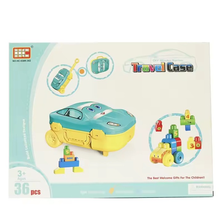 Set Travel Case cu 36 piese, cu cutie de transport in forma de masinuta, cu maner, Multicolor