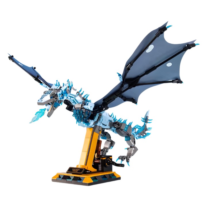 Set de constuctie Dragon si figurina Regele Zapezii, baza detasabila, maneta de actiune, model detasabil, material non toxic