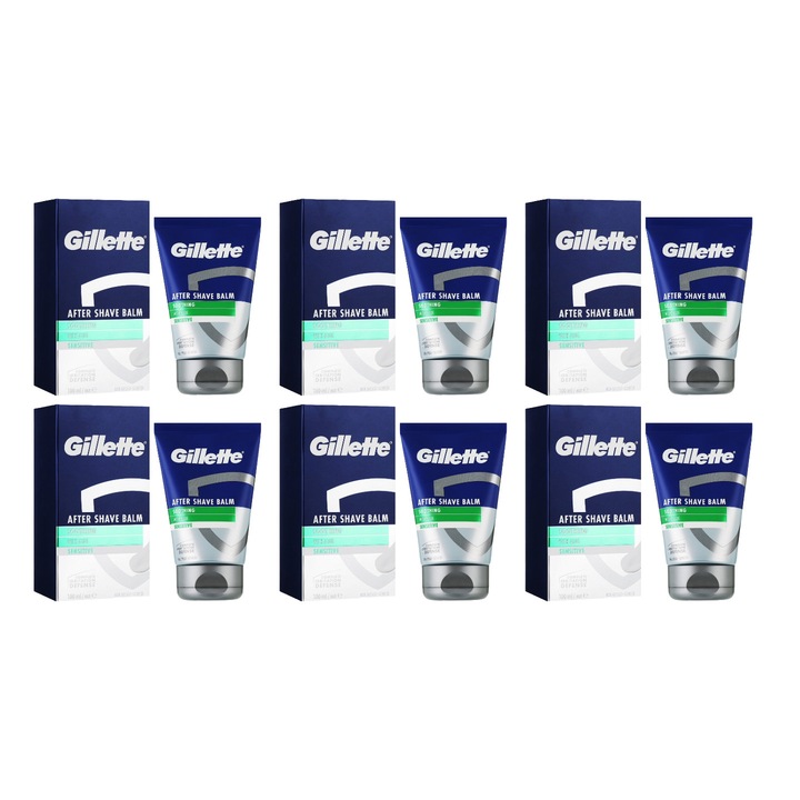 Комплект 6 х Афтършейв Gillette, 100 мл, Успокояващ крем, Алое, Възстановяващ ефект, Хидратираща формула, Без алкохол, Хипоалергичен