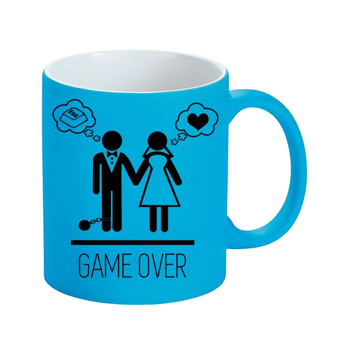 Cana personalizata - Game over, petrecerea burlacilor, mire, albastru neon, 330 ml