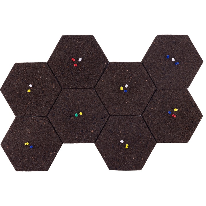 Шестоъгълно табло EcoCMK, изработено от черен корк, със самозалепващи се щифтове, комплект 8 бр.