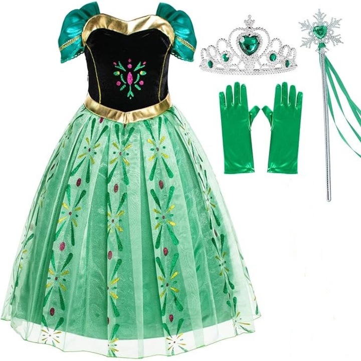Costum carnaval fete Anna Frozen cu bagheta, coronita, manusi, verde, 7-8 ani