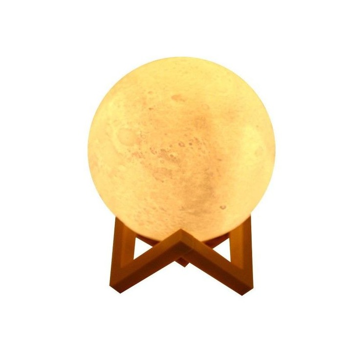 Lampa de veghe luna 3D Moon Light eMazing cu diametru de 20 cm, lumina LED alb cald, alimentare baterii si suport din plastic