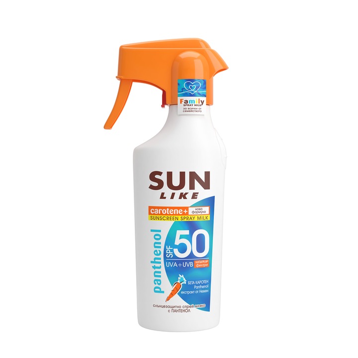 Sun Like Sunscreen spray tej, Panthenol, Felnőtteknek és gyerekeknek, SPF 50 faktorral a magas védelemért
