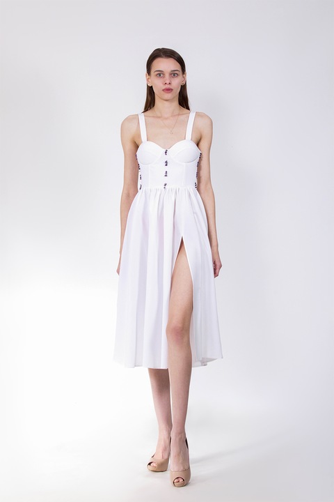 UVIA, Rochie evazata decorata cu pietre de ametist, Alb, M