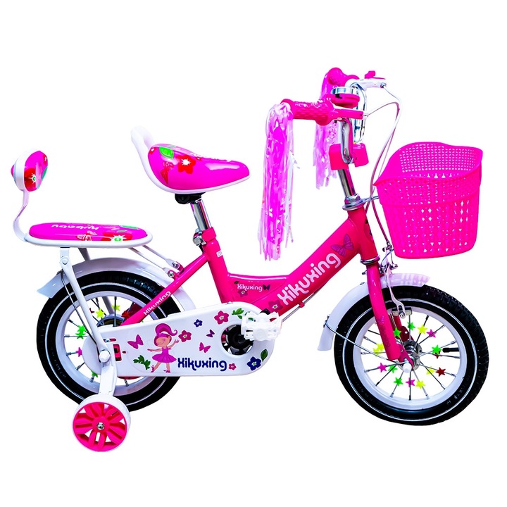 Bicicleta Go Kart Y 223, 16 inch, pentru copii, 3-5 ani, roti ajutatoare silicon, portbagaj, cosulet, roz