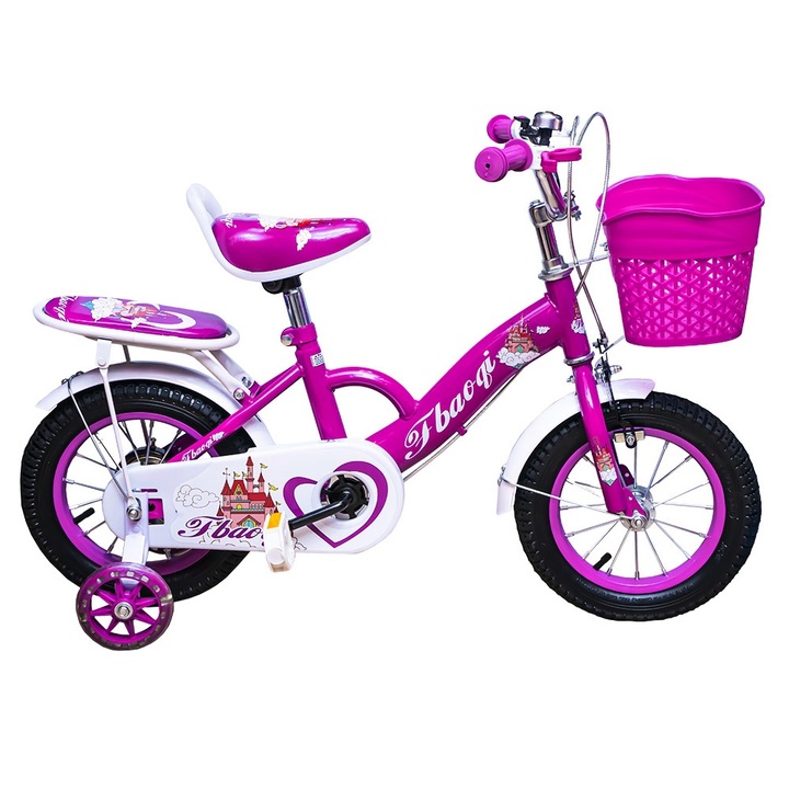 Bicicleta Go Kart MRY, 16 inch, pentru fete, 4-6 ani, roti ajutatoare silicon, portbagaj, cosulet, roz