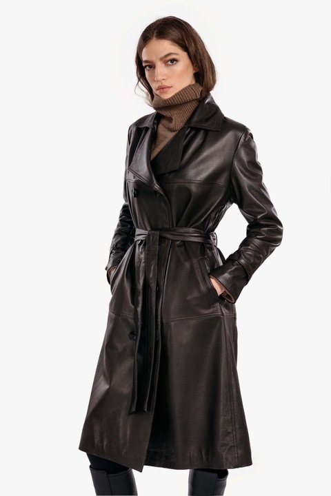 Természetes bőr árok nőknek, Model Leather Trench, Fekete