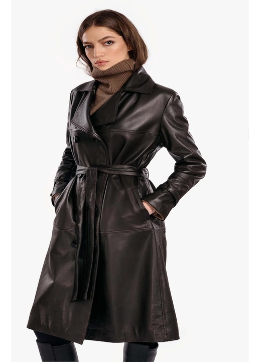 Trench din piele naturala pentru Femei, Model Leather Trench, Negru