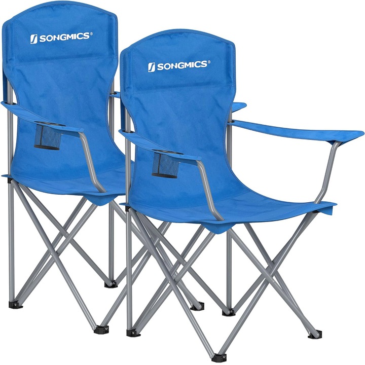 Set 2 scaune pliabile de camping sau pescuit SONGMICS, suport pahar, maxim 150kg, albastru