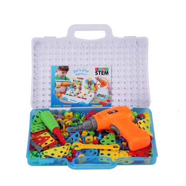 Joc mozaic puzzle cu bormasina electrica de jucarie, 253 piese, Creativ de constructie, 30 cm x 25 cm x 6 cm, Dalimag