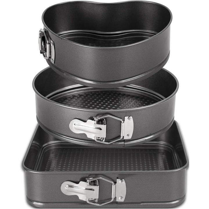 Комплект от 3 тави за печене, Aurov®, сърце/кръгла/квадратна, с подвижна основа, 24/26/28 см, черна