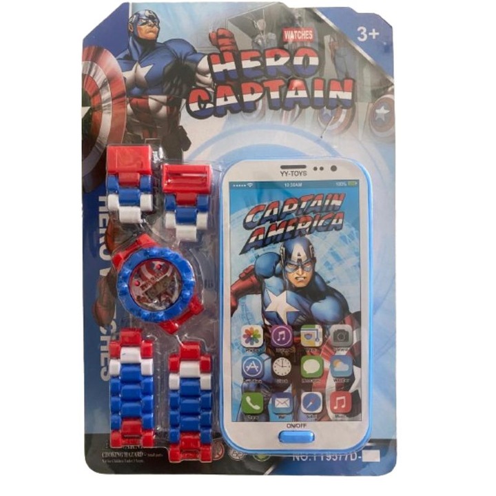 Lego típusú gyerekóra és telefonkészlet a szuperhős Amerika Kapitánnyal, 14 cm, 3 év