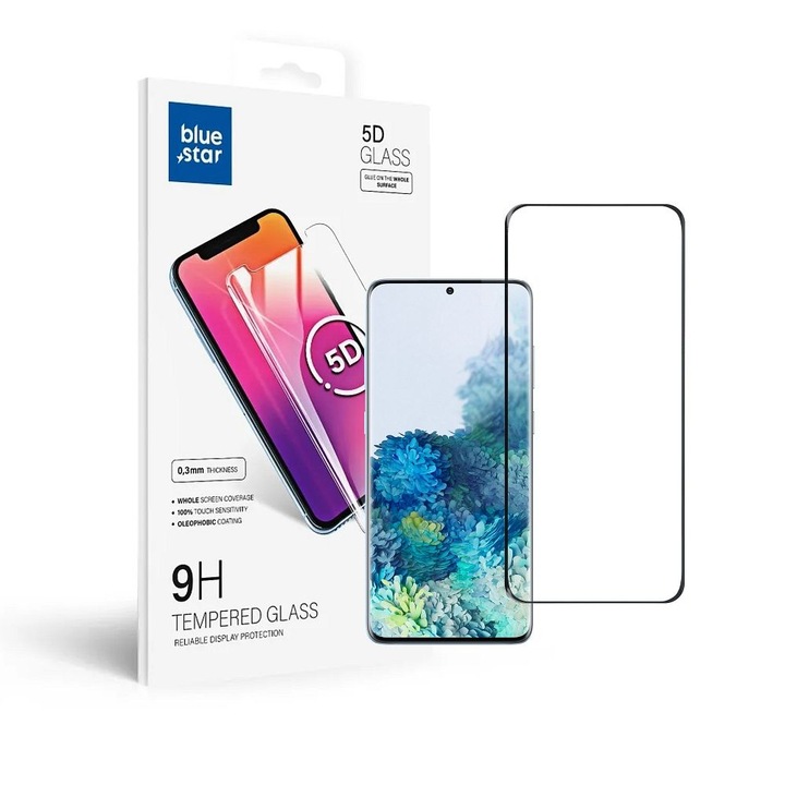 Samsung Galaxy S20 Plus / S20 Plus 5G ( S20+) kompatibilis üvegfólia, előlapi, 5D, edzett, hajlított, tokbarát, fekete kerettel, Bluestar