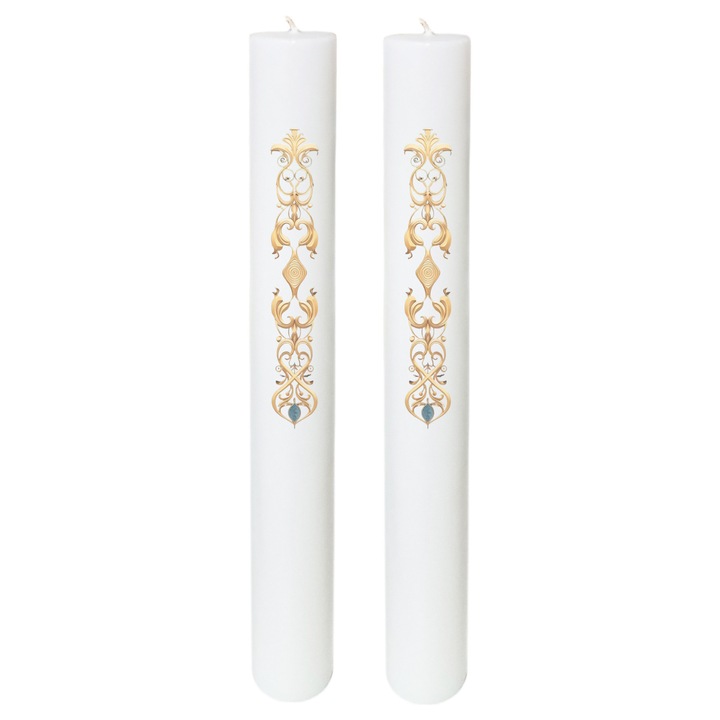 Set 2 lumanari nunta, botez, cu model auriu dream, FABRICA DE LUMANARI GHIOROC, H40cm - D4.5cm, alb cu galben auriu