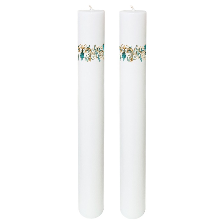 Set 2 lumanari nunta, aromata, cu model auriu si turcoaz, FABRICA DE LUMANARI GHIOROC, H40cm - D4.5cm, alb