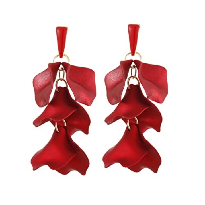 Cercei lungi cu petale de trandafir, acrilic, rosu