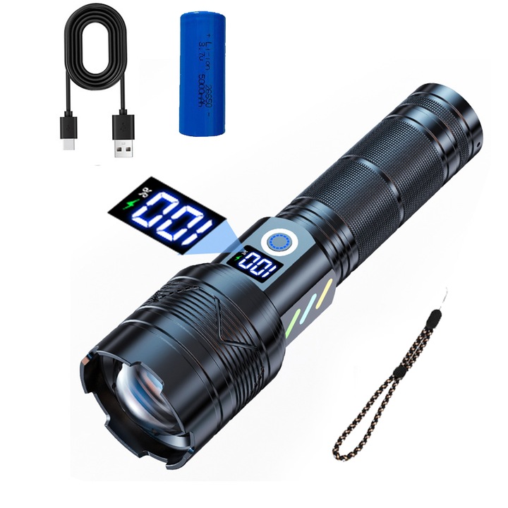 LED фенерче Roleader, презареждаемо през USB, водоустойчиво, мащабиране, черно, 175x50 мм