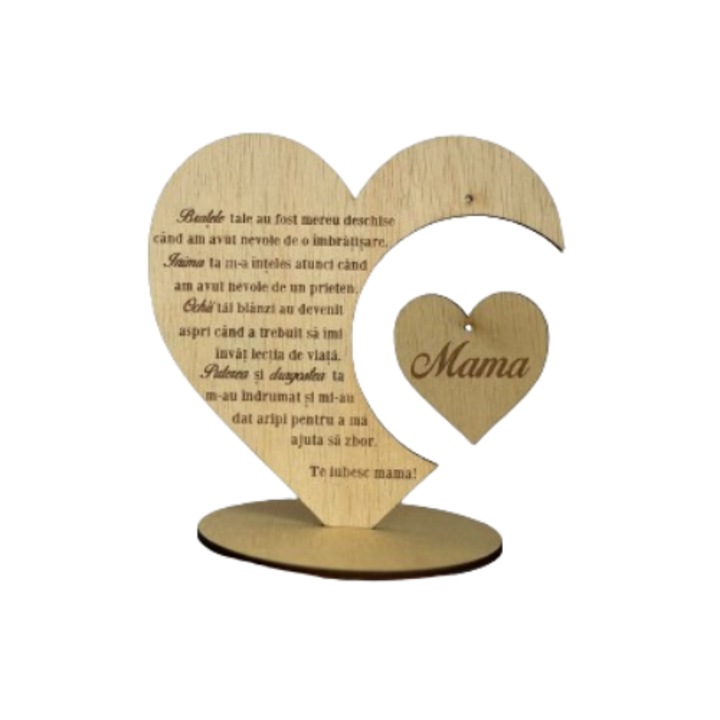Március 8-i dekoráció I love you Mom üzenettel, natúr fa, 20 cm, ArtemisGift