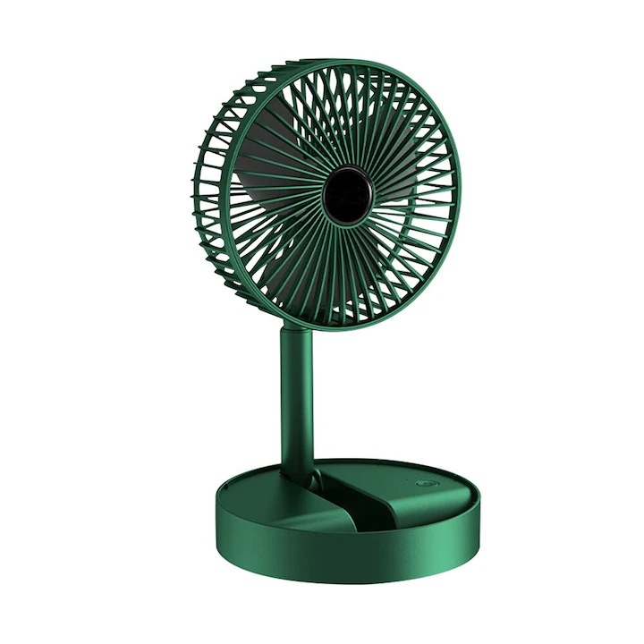 Hordozható asztali ventilátor, 3 sebességfokozattal, összecsukható, USB töltés, állítható, zöld