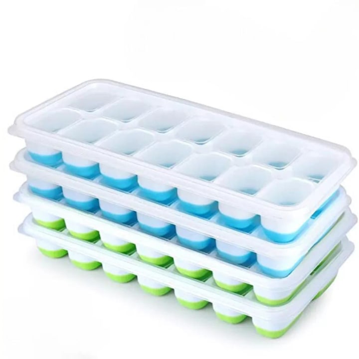 Силиконова поставка за кубчета лед 4 части с пластмасов капак - Синьо-зелена