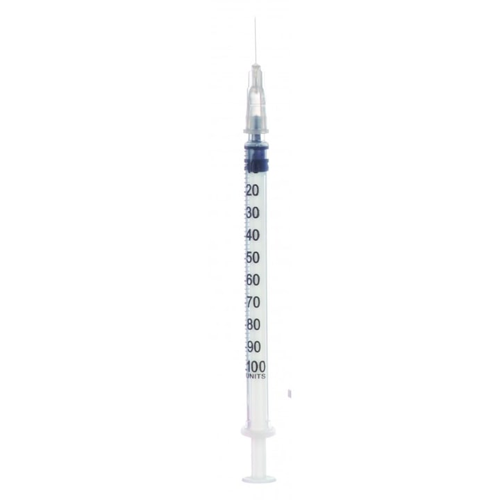 Комплект от 50 1 ml инсулинови спринцовки със сваляща се игла, 3 компонента, стерилни, апирогенни