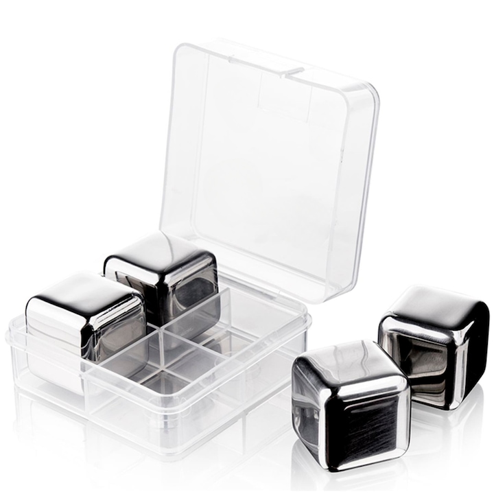 Комплект от 4 x кубчета лед за многократна употреба, неръждаема стомана, пластмасов контейнер, 2,5 x 2,5 cm, сребро