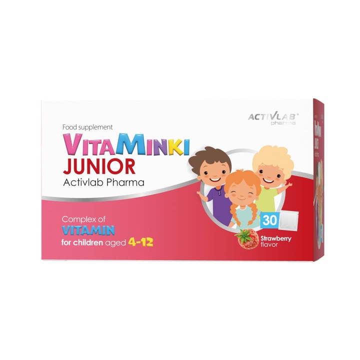 Vitamine si minerale pentru copii, ActivLab VitaMinki JUNIOR, suport imunitar, aroma de capsuni, 30 pliculete