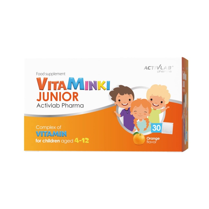 Vitamine si minerale pentru copii, ActivLab VitaMinki JUNIOR, suport imunitar, aroma de portocala, 30 plicuri