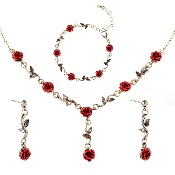 3 részes antik sárgaréz lánc nyaklánc, karkötő és rozettás fülbevaló női ékszerkészlet