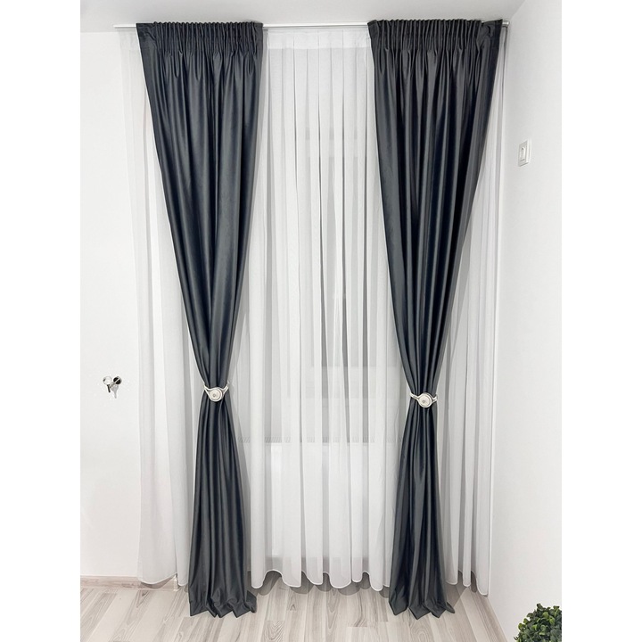Комплект от две кадифени пердета Ronda, тъмно сиви, изработени на 10 см ширина, 2x300x270 cm