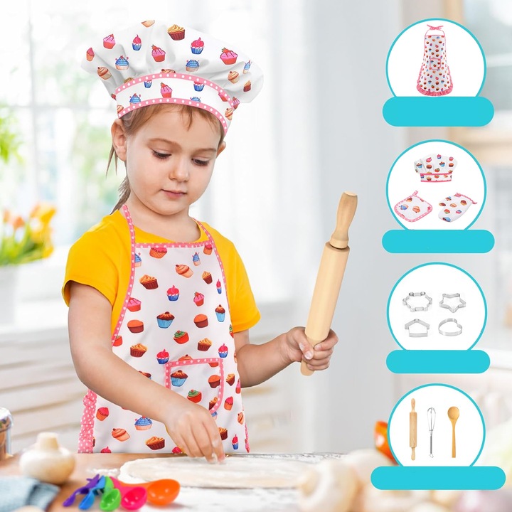 Set bucatar pentru copii, NUODWELL, 11buc, Cu sort cu model de tort, boneta, manusa si ustensile, taietori de biscuiti, Reglabil design, Usor de suspendari, Pentru jocuri de rol, activitati de familie si activitati de gatit in clasa, Poliester, Multicolor