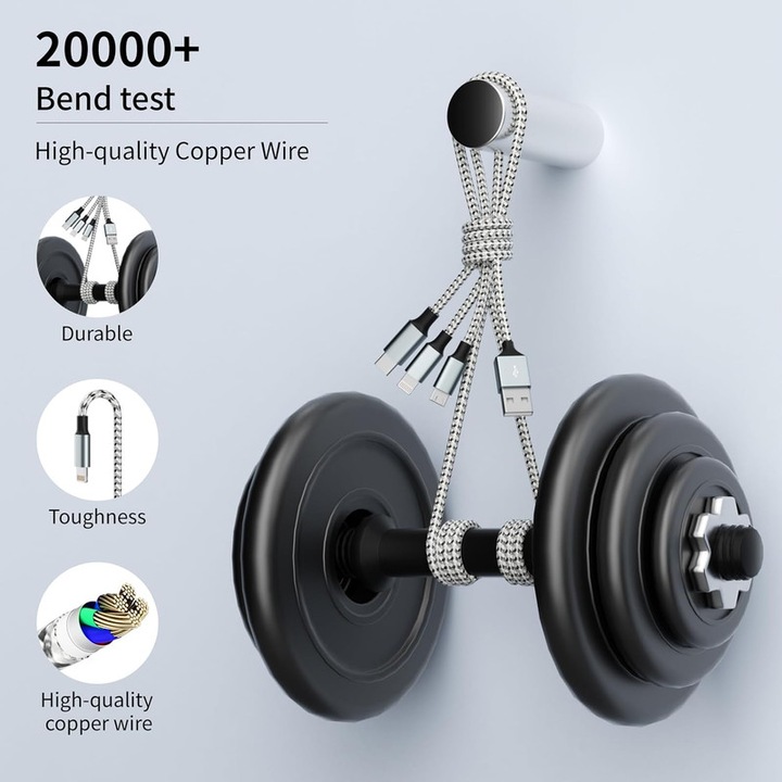 3 az 1-ben töltőkábel, nylon fonott, gyorstöltés, ezüst