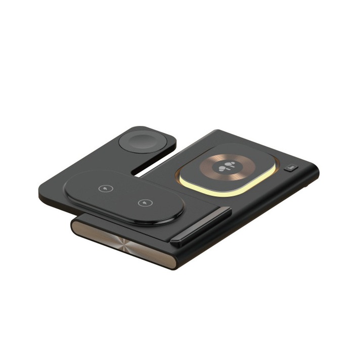 3 az 1-ben vezeték nélküli töltőállomás, gyorstöltés, összecsukható, éjszakai fénnyel, fekete