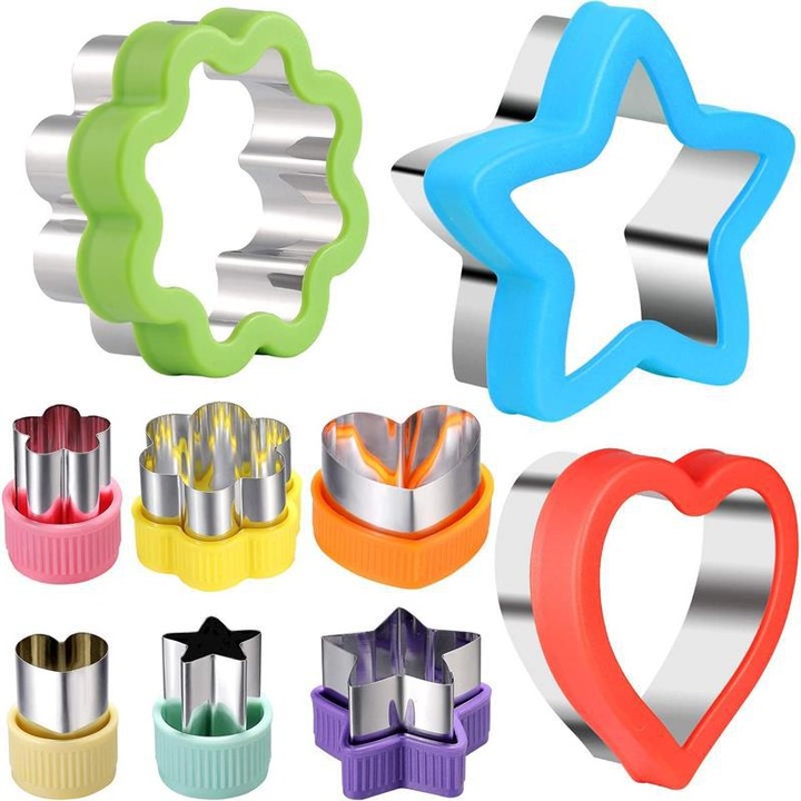 Set 9 Piese Decupatoare Sandwich si Biscuiti, Forme Dinozaur, Fluture, Unicorn, Inima, Stea, Inox, Multicolor