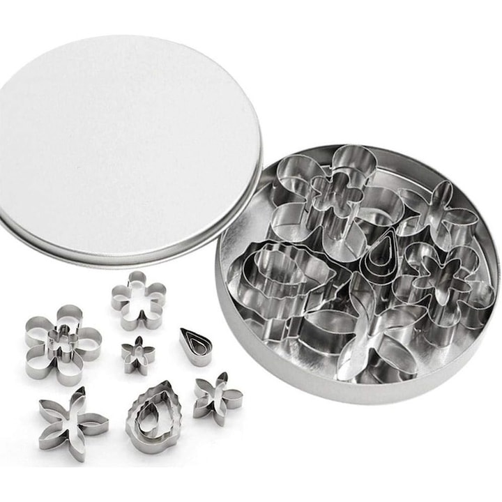 12 db tortaforma készlet virágokkal és levelekkel, rozsdamentes acél, ezüst
