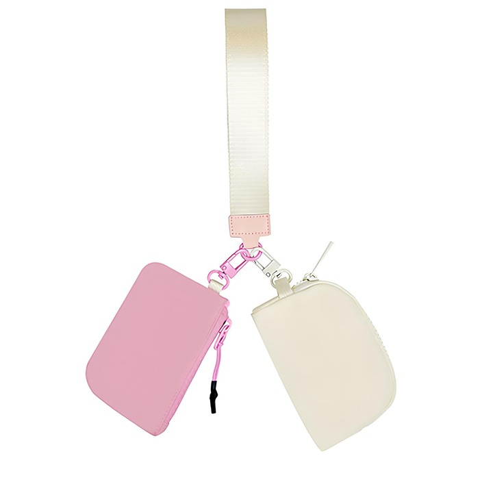 Дамски двоен портфейл, полиестер, с цип, водоустойчив, преносим, бял/розов, Vaxiuja, 11x8см