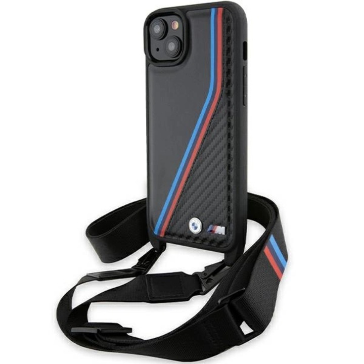 Husa telefon BMW M Edition Carbon Tricolor Lines & Strap, eco-piele, negru, pentru iPhone 15/14 Plus 6.7"