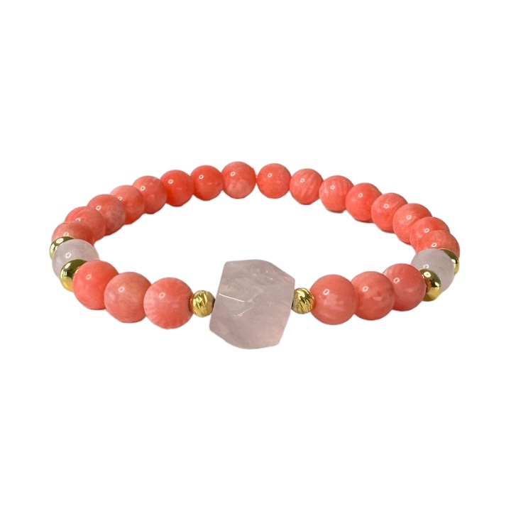 Bratara femei Ezera, din margele de coral si cuart roz cu accesorii din argint 925 placat cu aur, 17-18 cm