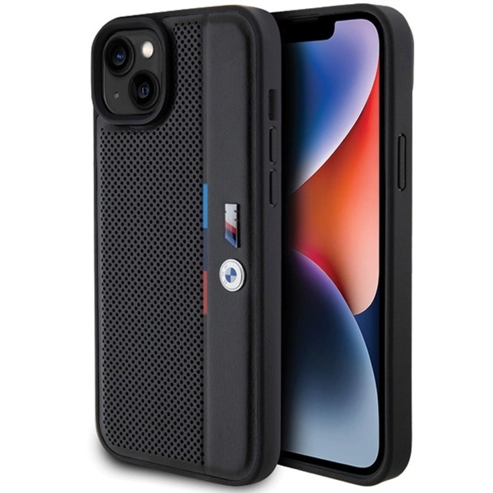 BMW BMHCP15M23PUPVK iPhone 15 Plus / 14 Plus 6.7” készülékhez kemény tok Perforated Tricolor Line fekete