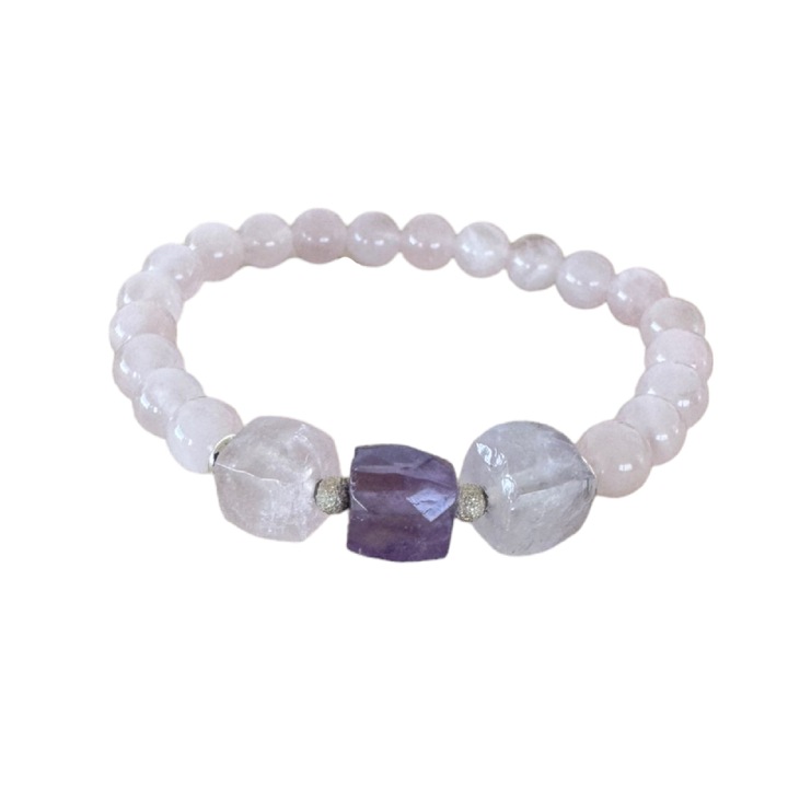 Bratara femei Ezera, din cristale de Cuart Roz de madagascar si Ametist cu accesorii din argint 925, 17-18 cm