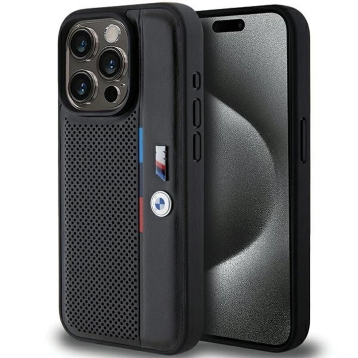 BMW BMHCP15L23PUPVK iPhone 15 Pro 6.1 készülékhez kemény tok Perforated Tricolor Line fekete