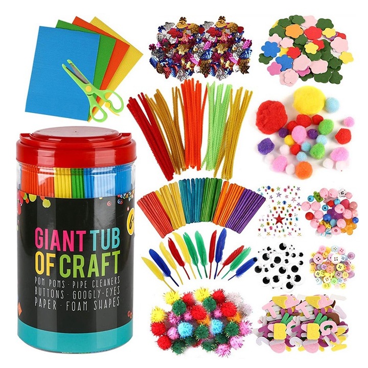 Set 3000 de Piese de Arta si Meserii pentru Copii, sarme plusate, pompom, multicolor
