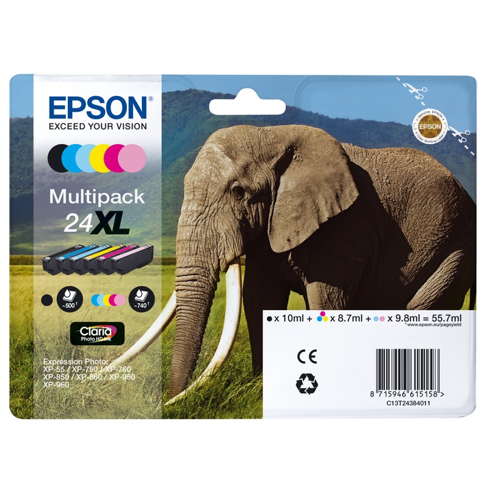 6 db EPSON Elephant 24XL tintapatron készlet, nagy hozamú, többszínű