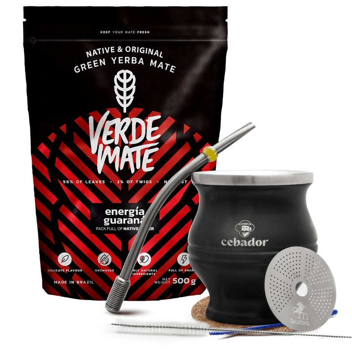 Yerba Mate Tea készlet, Verde Mate Energia Guarana 0, 5kg, TermoColador Fekete, 190 ml