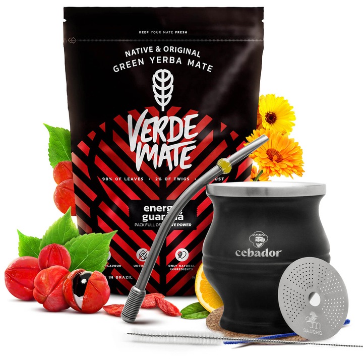 Ceai Yerba Mate Set Verde Mate Energia 0, 5kg TermoColador Negru 190ml