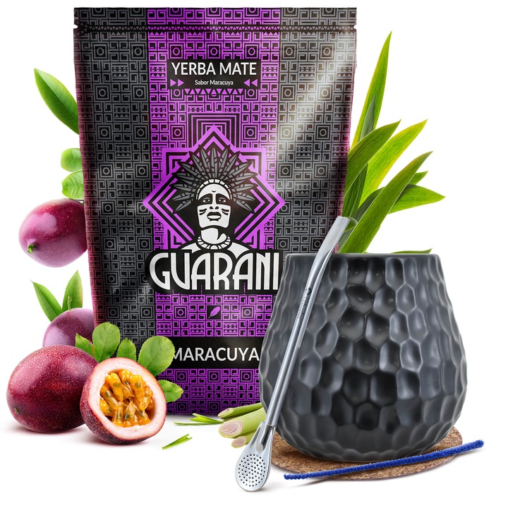 Ceai Yerba Mate Set, Guarani Maracuya 500g, Cana Ceramica Neagra 400 ml, Bombilla